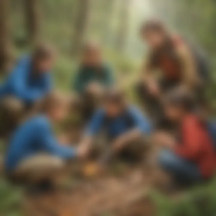 A diverse group of children engaging in outdoor survival skills, showcasing teamwork and problem-solving.
