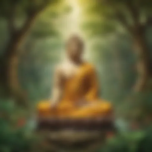 A serene Buddha statue surrounded by nature, symbolizing peace and enlightenment.