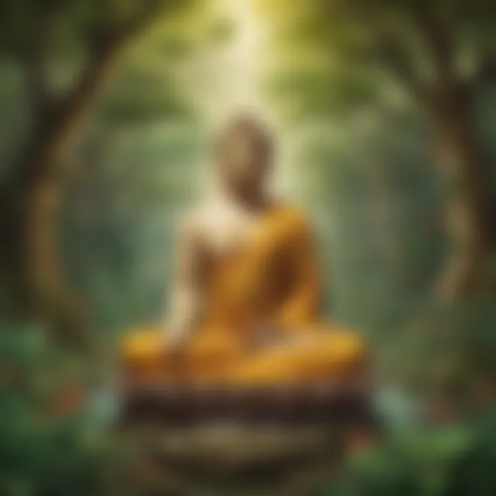 A serene Buddha statue surrounded by nature, symbolizing peace and enlightenment.