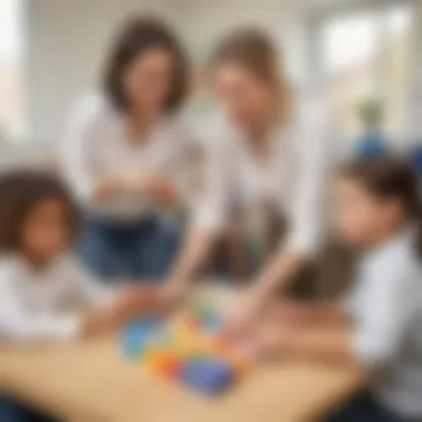 Educators engaging children with tens blocks in a classroom setting.