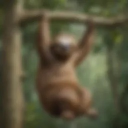 A sloth hanging from a tree branch, showcasing its specialized limbs