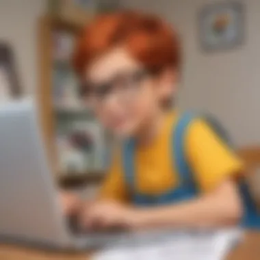 Child exploring various comic templates on a laptop screen