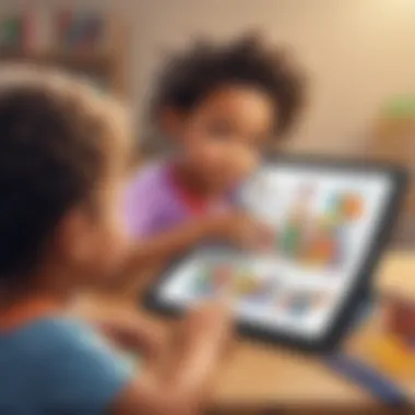 Child drawing colorful characters on a digital tablet