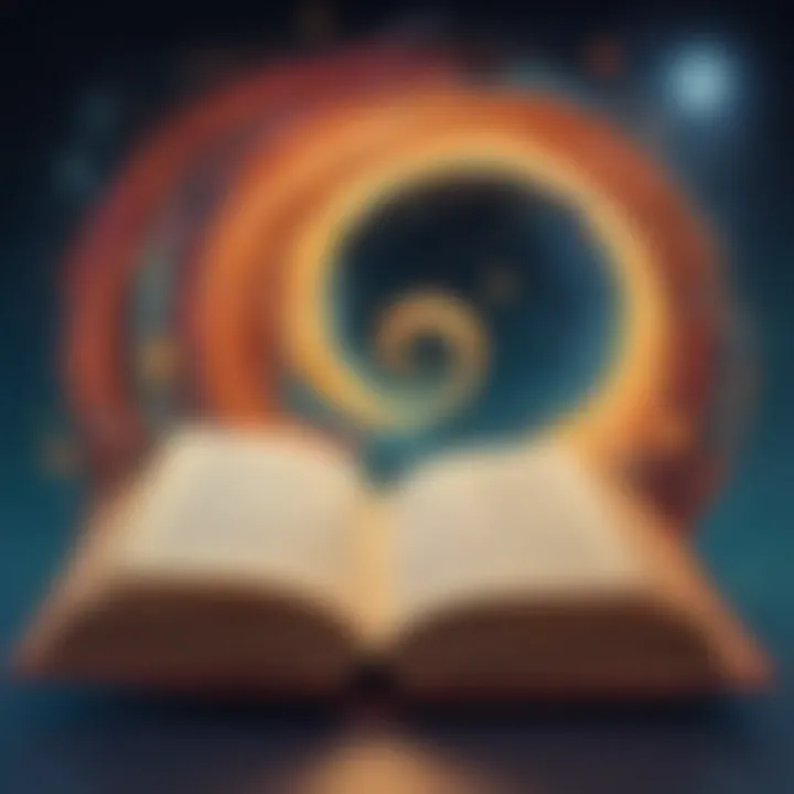 Illustration depicting a magical book with swirling letters