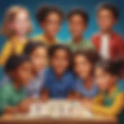 Illustration of a group of diverse children engaged in a collaborative educational game