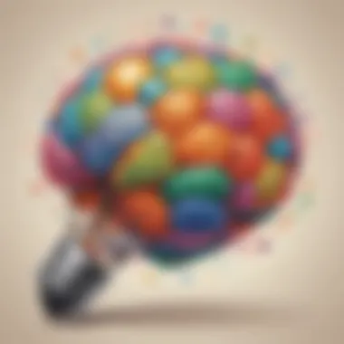 Illustration of a brain with colorful vocabulary bulbs sparking ideas