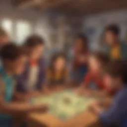 Illustration depicting a diverse group of children engaged in interactive games on Kidlect