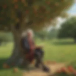 Illustration depicting Sir Isaac Newton under an apple tree