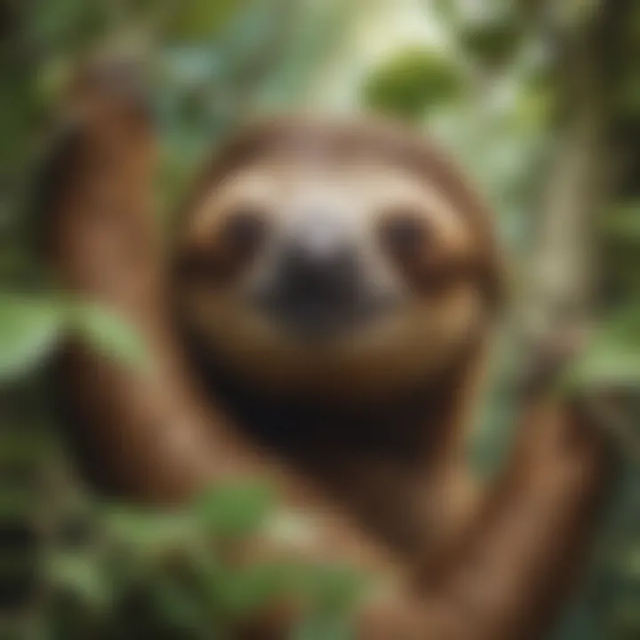 Curious sloth peeking out from behind branches