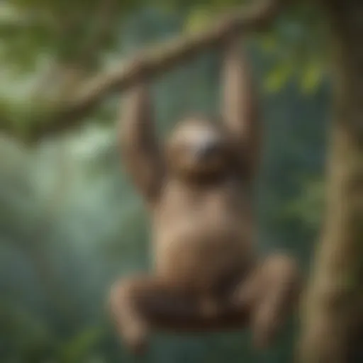 Enigmatic sloth hanging from a tree