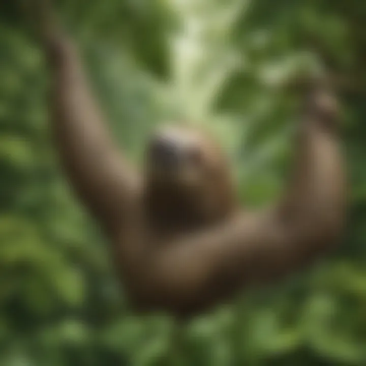 Majestic sloth moving slowly among lush green leaves