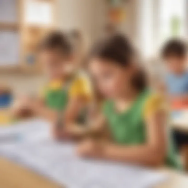 Children engaged in a maths activity with worksheets