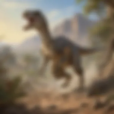 Agile Velociraptor Engaged in a Hunt during the Cretaceous Era Swift Velociraptor hunting for prey in the Cretaceous period
