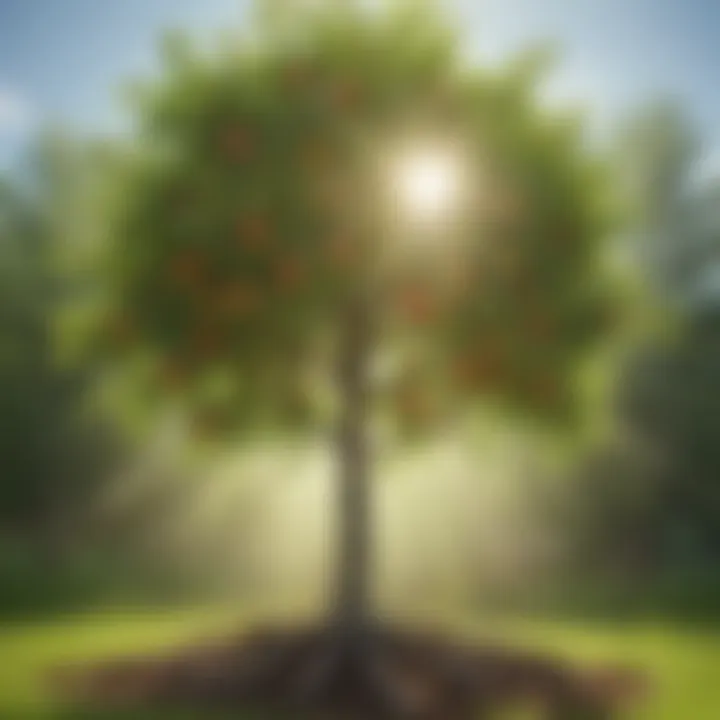 Apple tree sapling with vibrant green leaves in sunlight