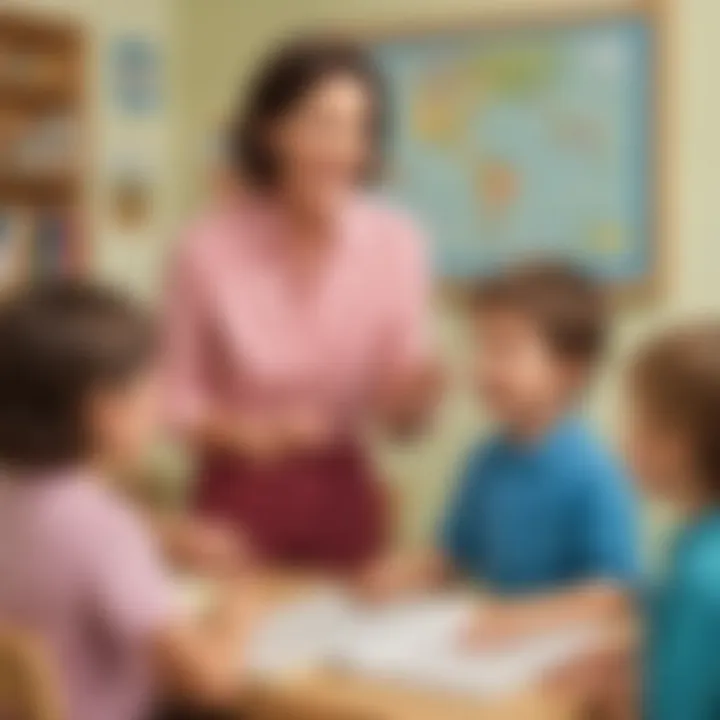 Illustration of a teacher creatively introducing a 'Word of the Day' to preschoolers