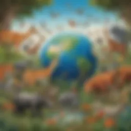 A vibrant wildlife scene depicting diverse animal species in their natural habitat