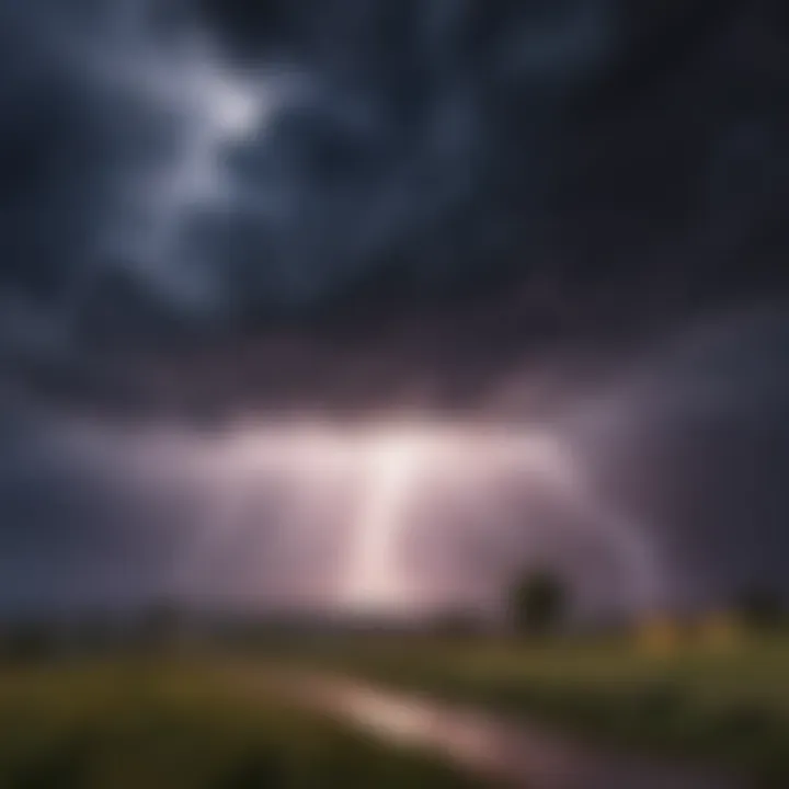 Intense lightning storm illuminating dark clouds in the horizon