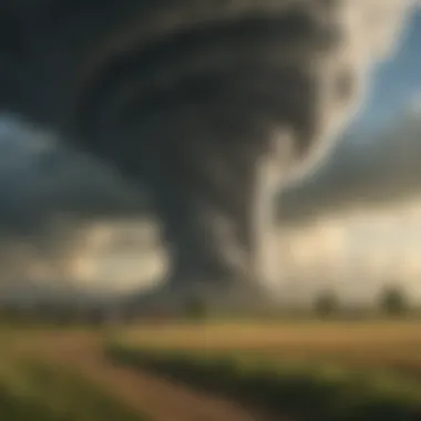 Tornado swirling through a vast countryside landscape